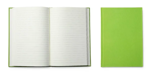白い背景に開いて閉じたノートブック トップビュー — ストック写真