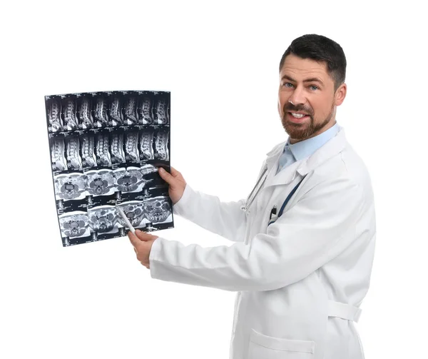 Ortopedista Segurando Imagem Raios Fundo Branco — Fotografia de Stock