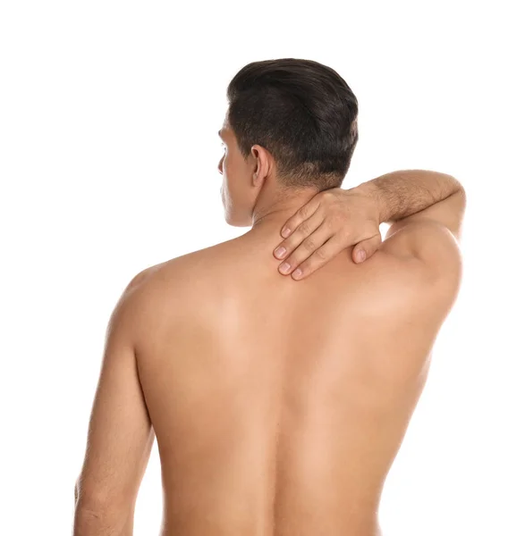 白い背景で首の痛みに苦しむ男 整形外科医の訪問 — ストック写真