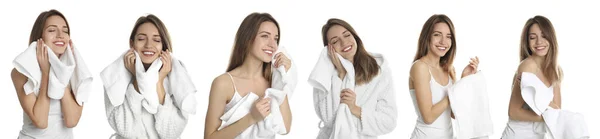 Collage Femme Avec Serviette Sur Fond Blanc Conception Bannière — Photo
