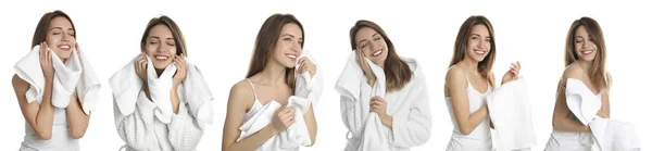 Collage Woman Towel White Background Banner Design — Stock Photo, Image