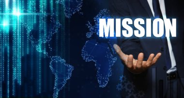 Görev konsepti. Arkaplanda ikili kodlu iş adamı ve dijital dünya haritası