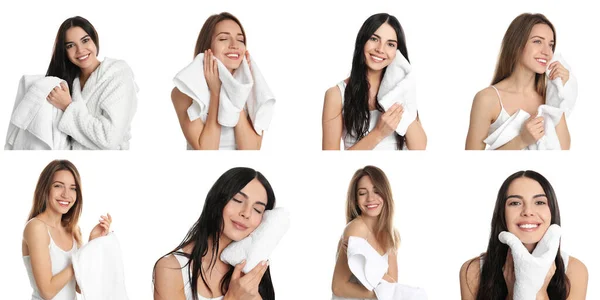 Nők Kollázsa Törülközőkkel Fehér Háttéren Bannertervezés — Stock Fotó