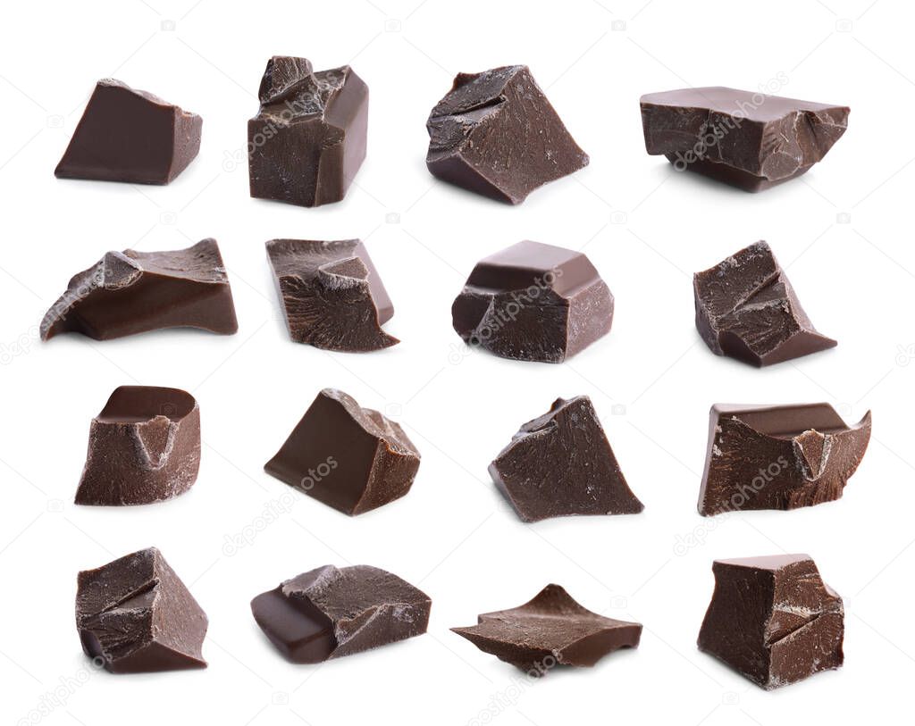 Set with pieces of delicious dark chocolate on white background 