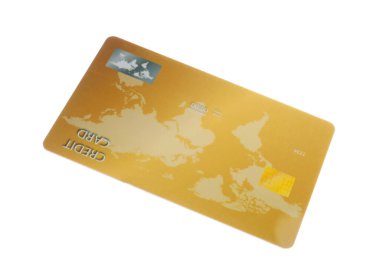 Altın plastik kredi kartı beyaza izole edilmiş.