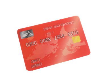 Kırmızı plastik kredi kartı beyazda izole edildi