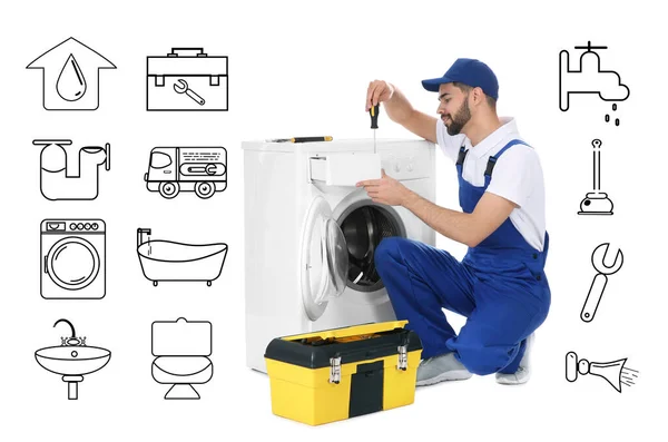 Sanitärtechnik Professionelle Klempner Reparatur Waschmaschine Auf Weißem Hintergrund — Stockfoto