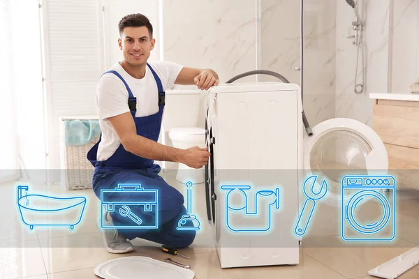 Sanitary engineering service. Professional plumber repairing washing machine in bathroom