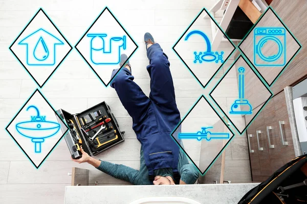Sanitary Engineering Service Professional Plumber Repairing Kitchen Sink Top View — Stock Photo, Image