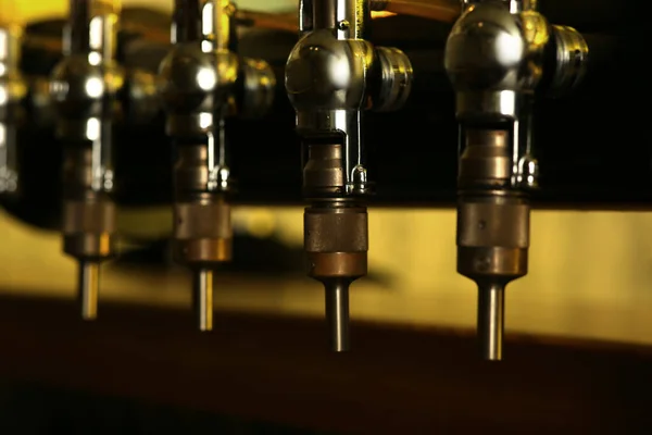 New Modern Beer Taps Pub Closeup Professional Bar Equipment — Stock Photo, Image