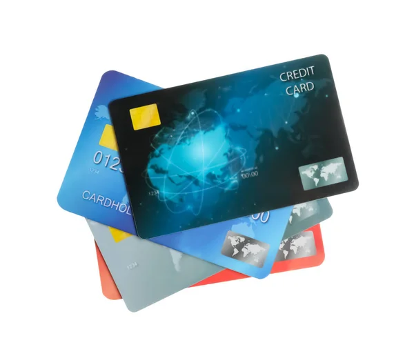 Different Plastic Credit Cards White Background — Stock Photo, Image