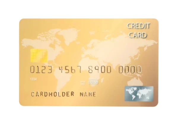 Cartão Crédito Plástico Dourado Isolado Branco — Fotografia de Stock