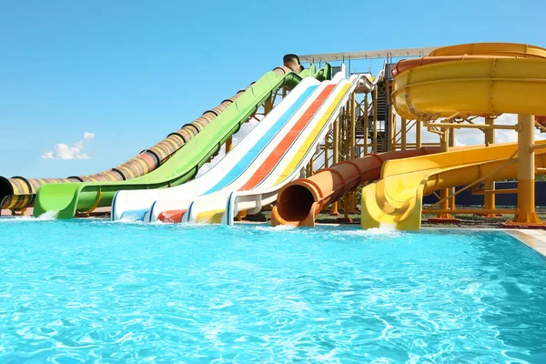 Different Colorful Slides Water Park Sunny Day — Stock Photo, Image