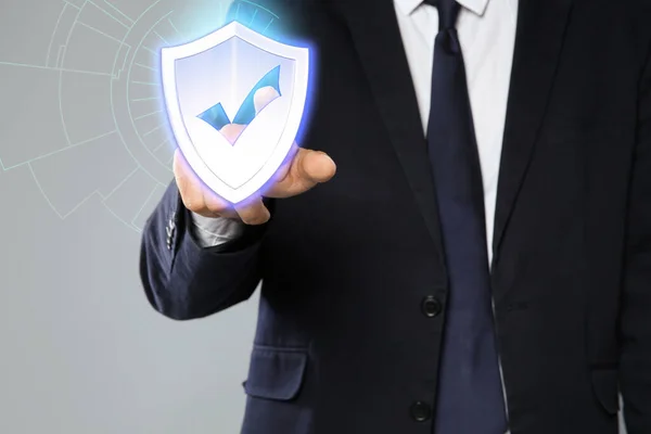 Cyber Insurance Concept Man Using Virtual Screen Shield Illustration Symbol — Stock Photo, Image