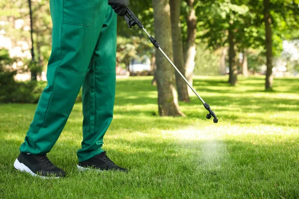 Arbeiter Sprühen Pestizide Auf Grünen Rasen Freien Nahaufnahme Schädlingsbekämpfung — Stockfoto