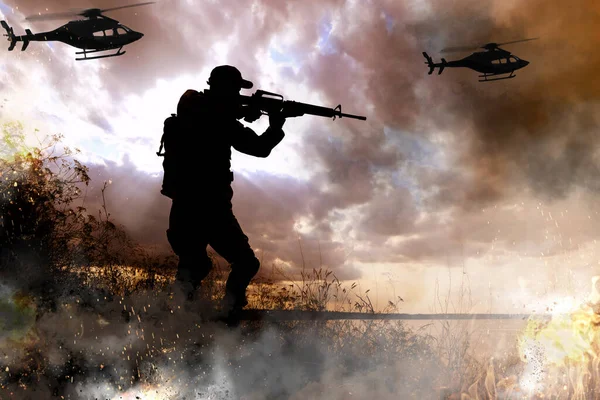 Silhuetter Soldater Och Helikoptrar Stridszon Militärtjänst — Stockfoto
