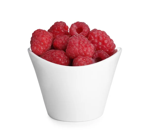 Fresh Ripe Raspberries Bowl Isolated White — Stock Photo, Image