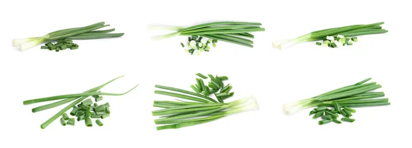 Set Geschnittene Grüne Zwiebeln Auf Weißem Hintergrund Bannerdesign — Stockfoto