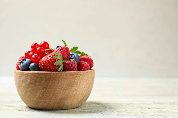 Mix Different Fresh Berries Bowl Wooden Table Space Text — Stock Photo, Image
