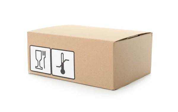 Cardboard Box Different Packaging Symbols Isolated White Parcel Delivery — Stock Photo, Image