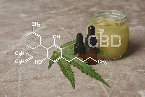 Composición Con Aceite Cáñamo Sobre Mesa Gris Fórmula Cbd — Foto de Stock