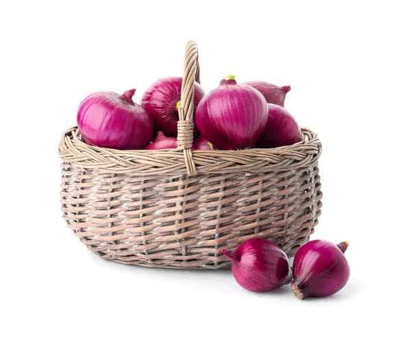 Basket Full Onion Bulbs Isolated White — Stock Photo, Image