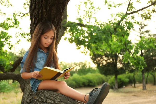 Parkta ağaçta kitap okuyan tatlı küçük kız.