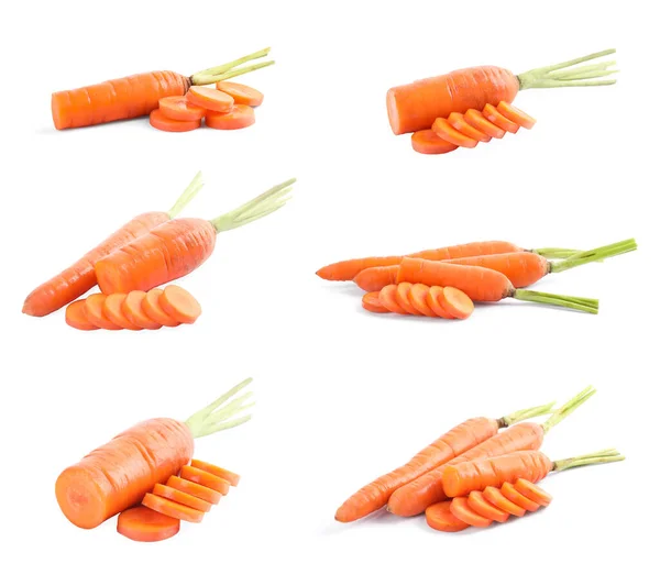 Collage Zanahorias Cortadas Sobre Fondo Blanco —  Fotos de Stock