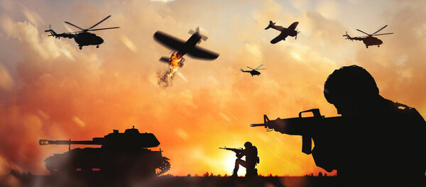 Войска на поле боя на закате. Военная служба