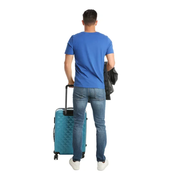 Knappe Man Met Koffer Voor Zomervakantie Witte Achtergrond Achteraanzicht Vakantie — Stockfoto