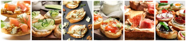 Collage Diverse Gustose Bruschette Design Banner — Foto Stock