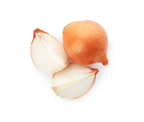 Ganze Und Geschnittene Zwiebeln Auf Weißem Hintergrund Ansicht Von Oben — Stockfoto