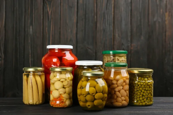 Glass Jars Different Pickled Vegetables Mushrooms Wooden Background — Stock Photo, Image