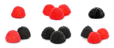 Beyaz arka planda bir dizi lezzetli çiğneme şekeri. Pankart tasarımı