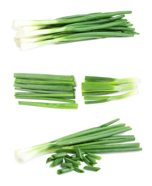 Collage Mit Grünen Frühlingszwiebeln Auf Weißem Hintergrund — Stockfoto