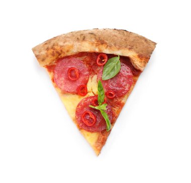 Lezzetli pizza dilimleri beyaza izole edilmiş, üst manzara