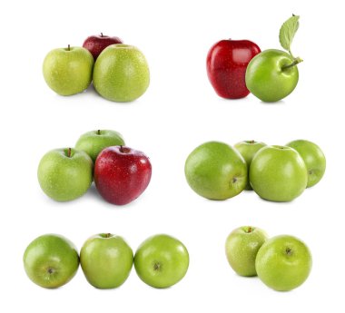 Beyaz üzerine izole edilmiş farklı olgun elmalar.