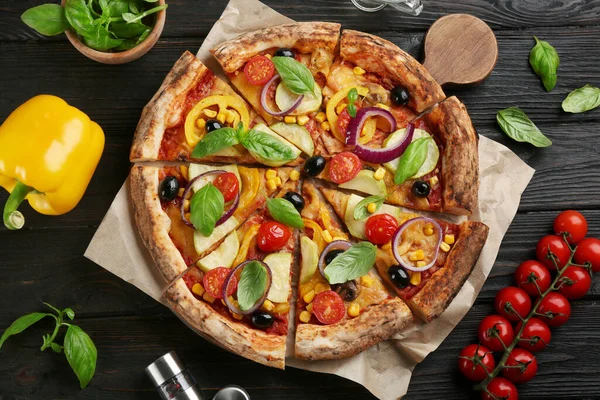 Flat Lay Composition Vegetable Pizza Black Wooden Table — Stock Photo, Image