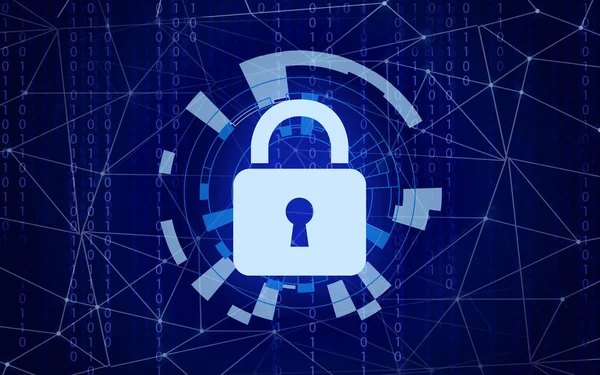 Cadeado Ilustração Como Símbolo Segurança Cibernética Fundo Azul Com Código — Fotografia de Stock