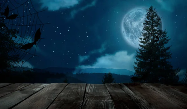 Superfície Madeira Céu Noturno Com Lua Cheia Ilustração Halloween — Fotografia de Stock