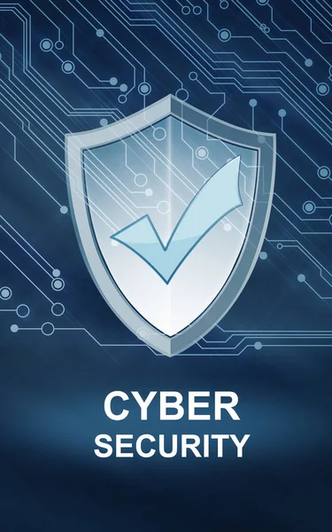 Cyber Security Concept Shield Check Mark Illustration Text Circuit Board — Stock Photo, Image