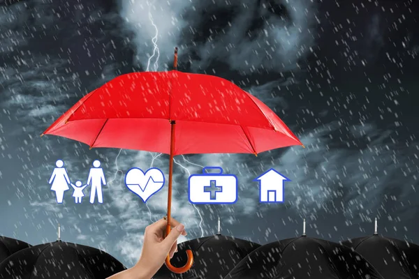 Insurance Agent Covering Illustrations Red Umbrella Storm — Stock Photo, Image