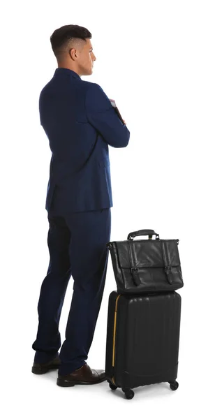 Businessman Suitcase Bag Vacation Trip White Background Summer Travelling — Stock Photo, Image