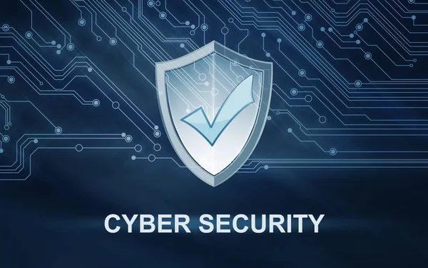 Cyber Security Concept Shield Check Mark Illustration Text Circuit Board — Stock Photo, Image