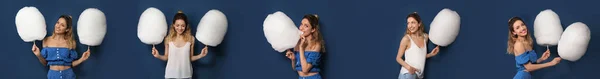 Collage Con Fotos Una Mujer Joven Sosteniendo Algodón Azúcar Sobre —  Fotos de Stock