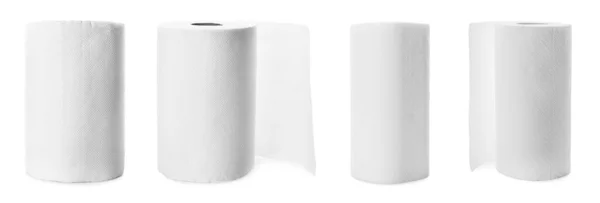 Conjunto Com Rolos Tecidos Papel Isolados Branco Design Banner — Fotografia de Stock