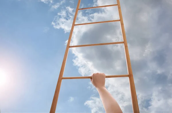 Woman Climbing Wooden Ladder Blue Sky Clouds Closeup Stock Image