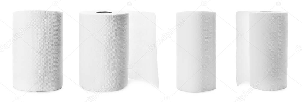 Set with rolls of paper tissues isolated on white, banner design 