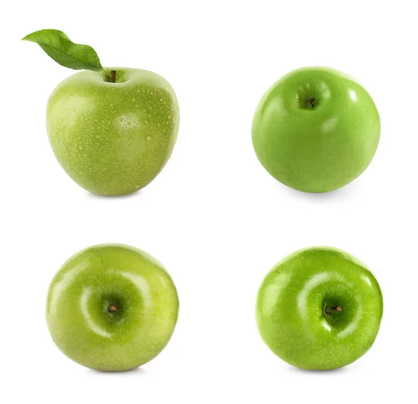 Набор Спелых Зеленых Яблок Изолированных Белом — стоковое фото