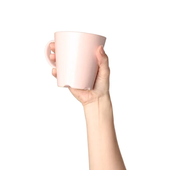 Woman Holding Pink Cup White Background Closeup — Stock Photo, Image